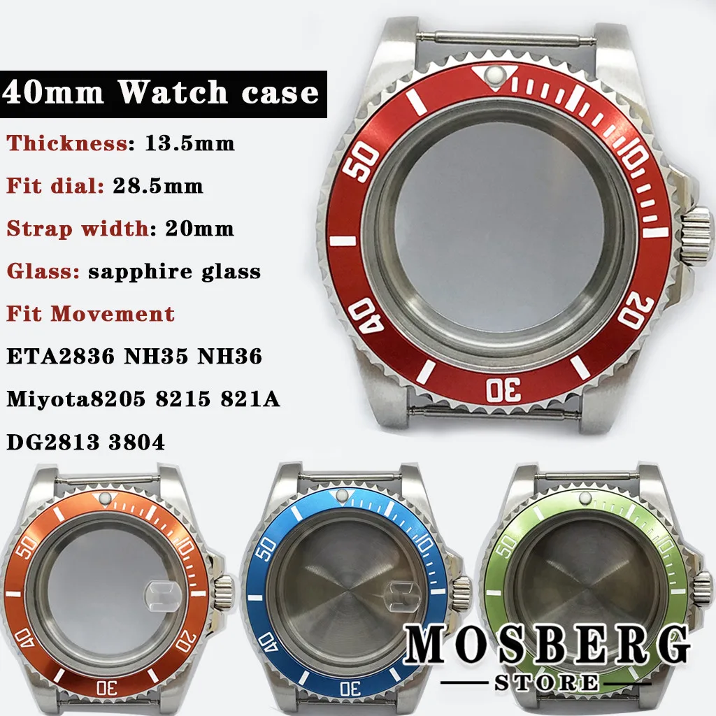 

40mm Watch Case Bezel Solid 316L Stainless Steel Sapphire Glass For NH35 NH36 ETA2836 2824 Miyota8215 8205 821A DG2813 PT5000
