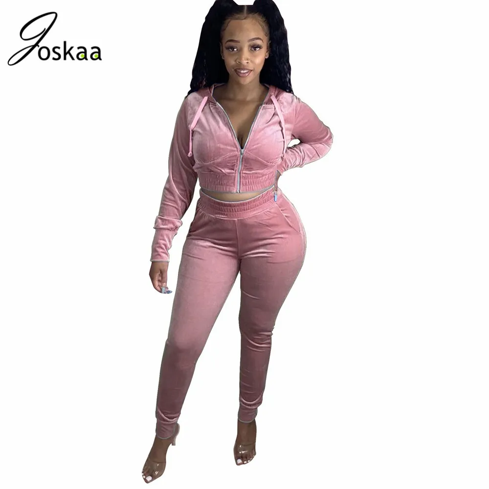 

Joskaa fall and Winter new hooded zipper solid Suede velvet Casual sexy tracksuit crop tops leggings jogger pants two-piece set
