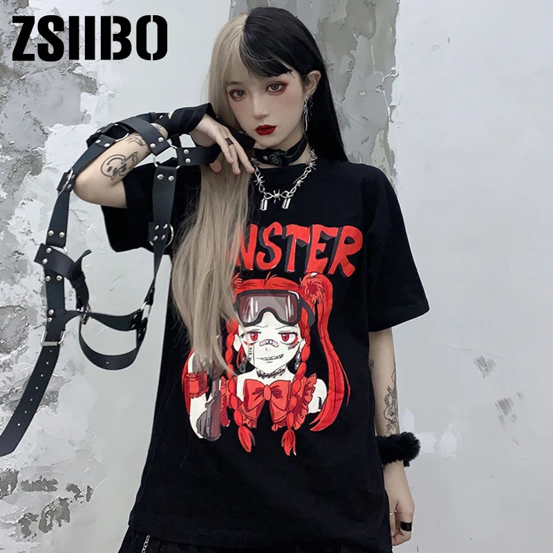 y2k mujer gothic kpo футболка Harajuku bunny Print Black Crop Women T-shirts Goth Streetwear Short Sleeve Top Tee Female Kawaii