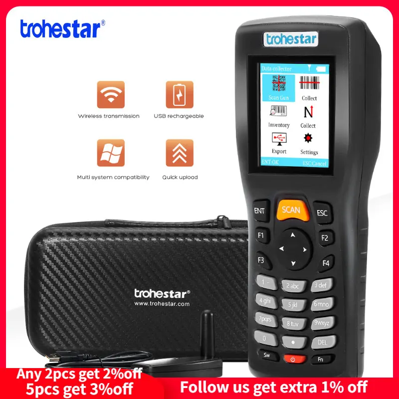 Escáner de código de barras inalámbrico, lector de código de barras, 1D, 2D, QR, portátil, USB, contador de inventario, recolector de datos, lettore codice a barre