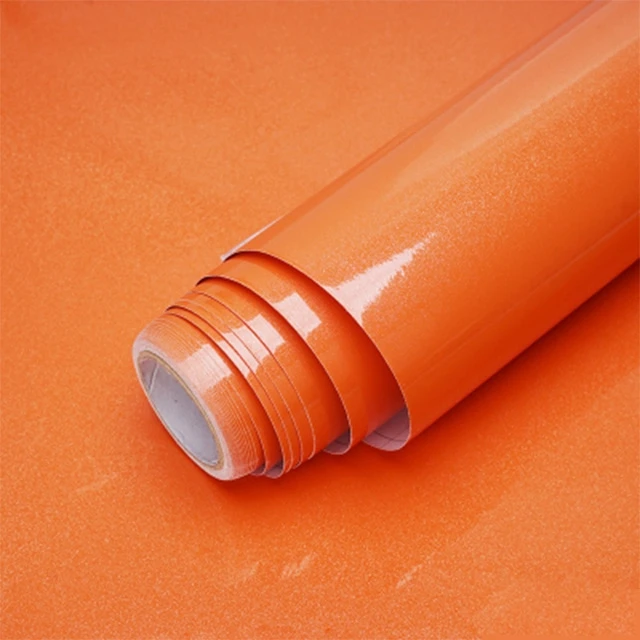 Shiny White Self-Adhesive Peel & Stick in Rolls Waterproof Wallpaper Furniture Films PVC Oil-proof Wall Stickers Kitchen Cabinet Shiny Orange