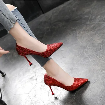 

Crystal Bling Stiletto Heels Wedding Bridal Shoes Red Gold Silver Ladies Shoes Pointed Toe Slip on Woman Pumps Plus Size