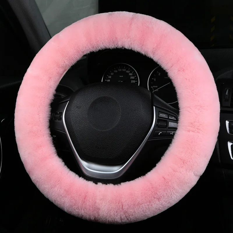 Зимняя шерстяная крышка рулевого колеса автомобиля длинная австралийская шерсть с подогревом Мех Руль крышка ручного тормоза шестерни шиферная крышка - Название цвета: Розовый