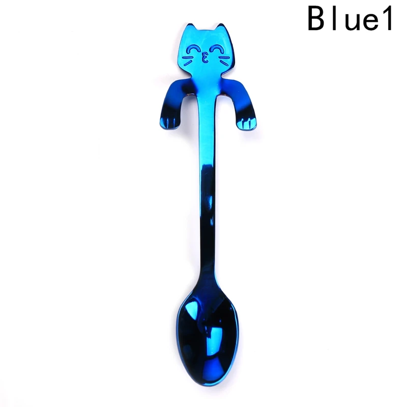 HG4869BL1 Милые чайные ложки для кошек из нержавеющей стали, Мультяшные ложки «кошка», креативный десерт, мороженое с длинной ручкой, кофейная и чайная ложка, Посуда цвета - Цвет: HG4869BL1