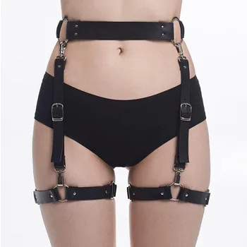 

Punk Body Suspender Belts Leg Harness Garters Leather Harness Belts Siamese PU Leather Sexy Bra Waist To Leg Cage Fetish Wear