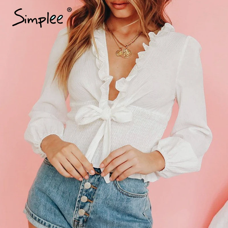 Simplee сексуальная белая женская блузка с глубоким v образным вырезом рубашки