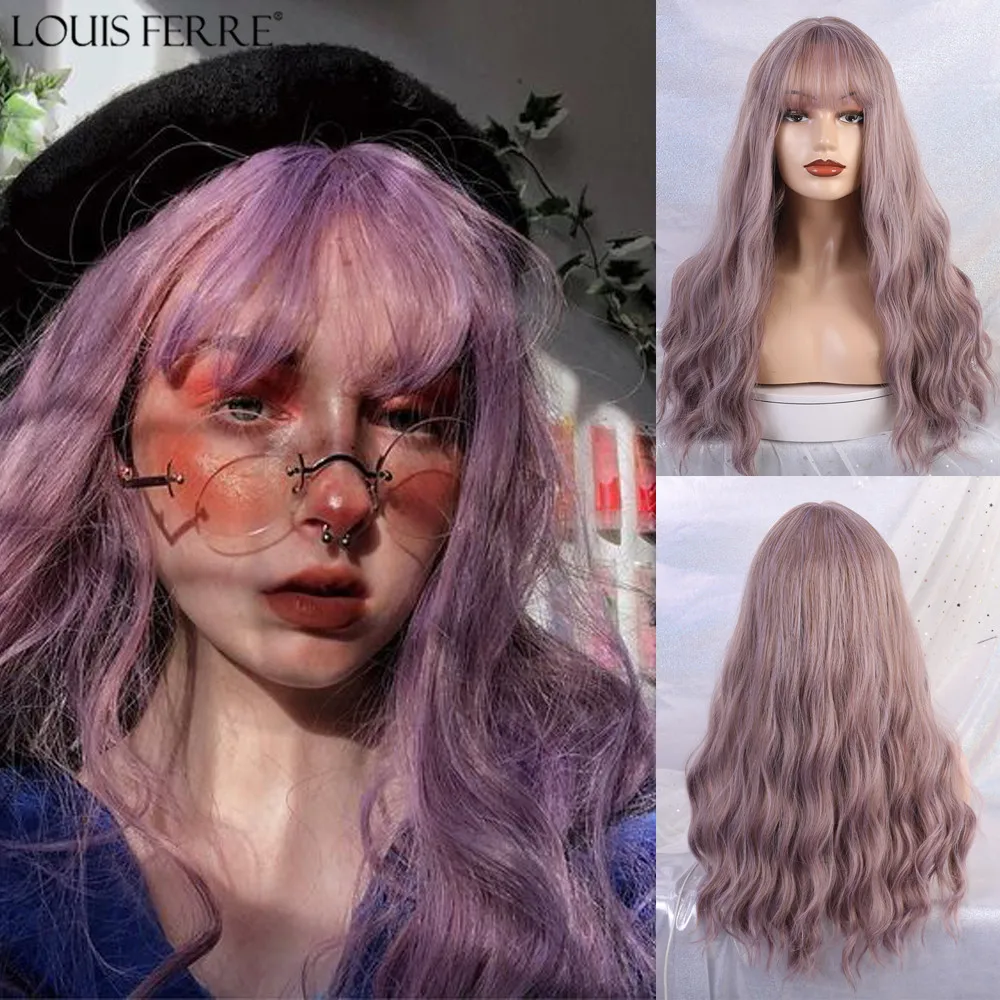 

LOUIS FERRE Long Wavy Purple Wigs Cosplay Synthetic Natural Hair Wigs with Bangs for Women High Temperature Fiber Water Wave Wig