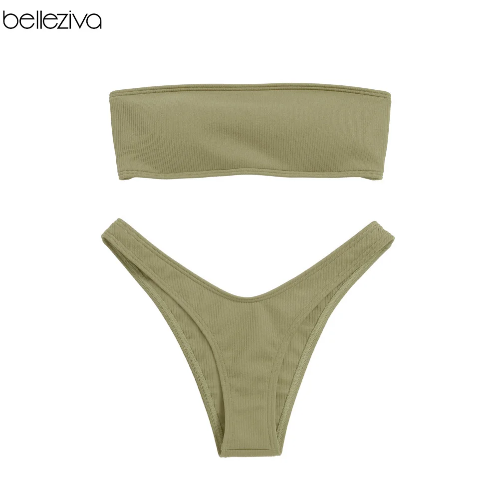Army Green Belleziva ребристый высокий вырез бандо бикини набор женщин купальник - Цвет: Army Green