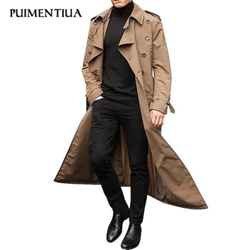 

Puimentiua Windbreaker Men Wild Button Design Overcoat Trench Jacket Solid Color Long Trench Single-Breasted Coat 2020 Spring