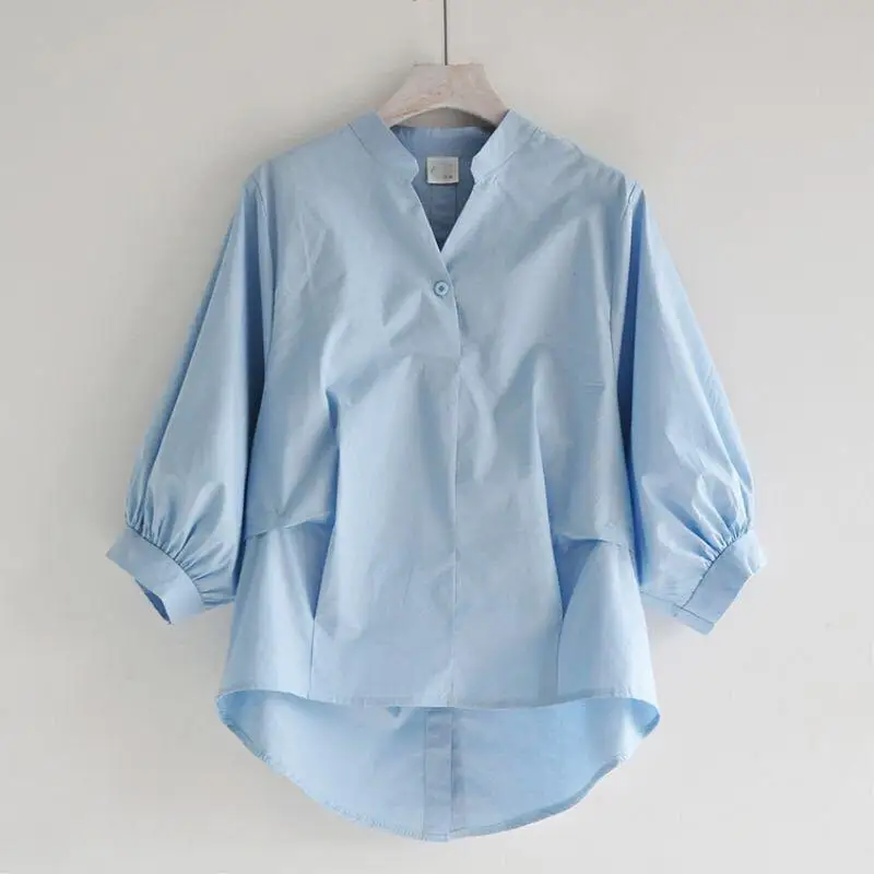 Летняя корейская модная женская белая рубашка с v-образным вырезом размера плюс, свободные блузки с рукавом-фонариком, рубашки на пуговицах с разрезом сзади, женские топы D326 - Цвет: Blue