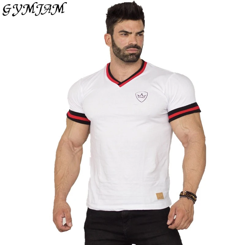 

2019 men's V-neck short-sleeved t-shirt summer gym fitness bodybuilding t-shirt men's printing fashion Slim t-shirt brand men's