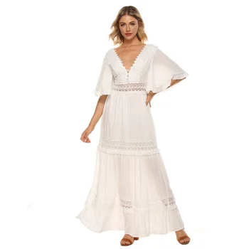 

2020 Summer Women Dresses Chiffon Deep V-neck Long Dress White Lace Loose Sexy Maxi Tunic Beach Dress Holiday Clothes Vestidos