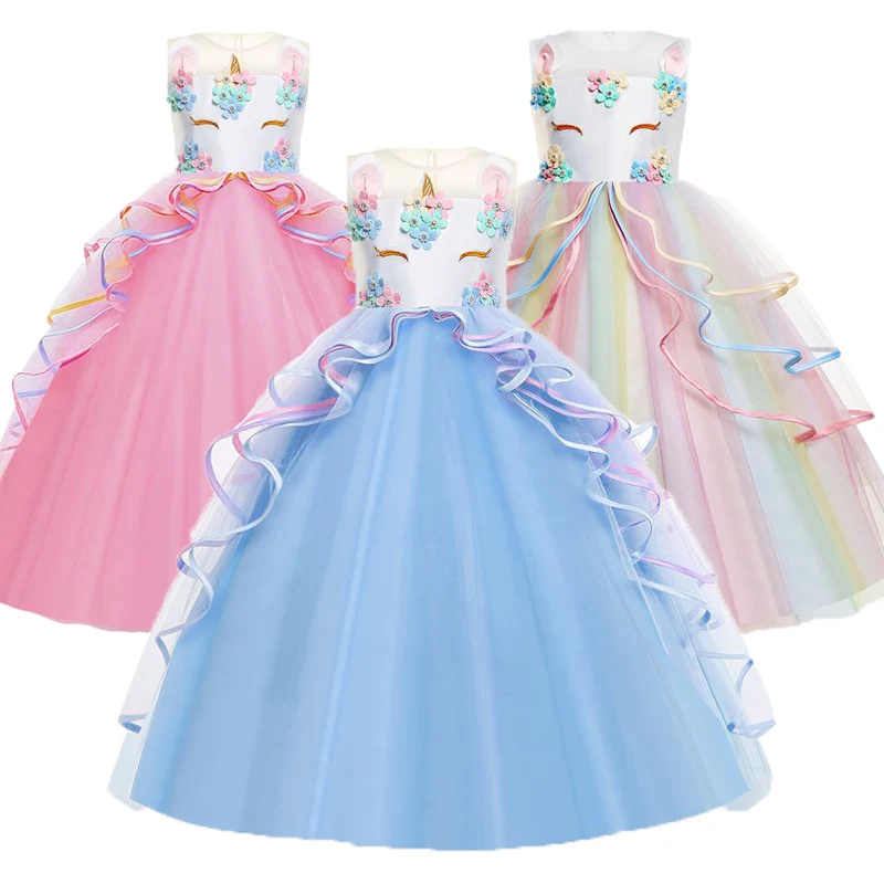 Unicorn Dress Girls Birthday Party Clothes Embroidery Flower Ball Gown Kids Rainbow Formal Princess Children Costume