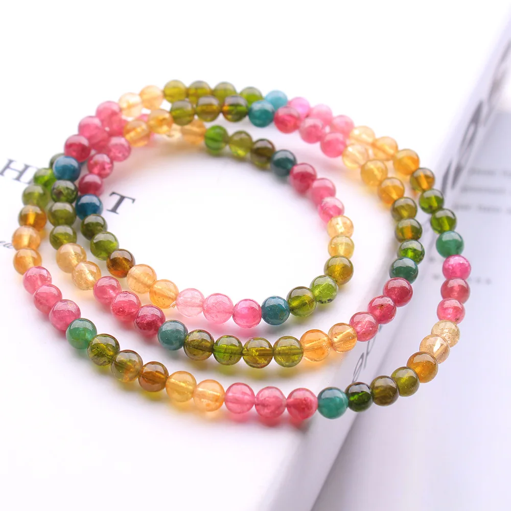 Natural Colorful Tourmaline 3 Laps Clear Round Beads Bracelet 5mm Women
