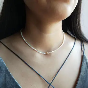 

Lii Ji Real Freshwater Pearl 2-4mm Rice Shape 925 Sterling Silver Cube Delicate Choker Handmade Necklace 40cm/45cm/50cm