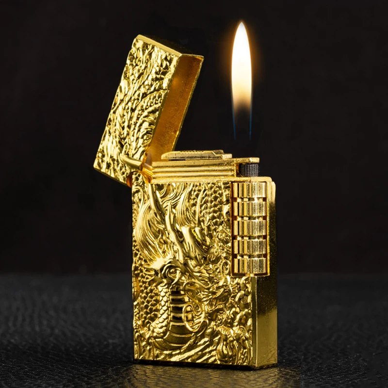

Metal Vintage Embossed Lighter Grinding Wheel Gold Dragon Free Fire Turbo Flint Gas Lighter Butane Windproof Cigarette Lighter