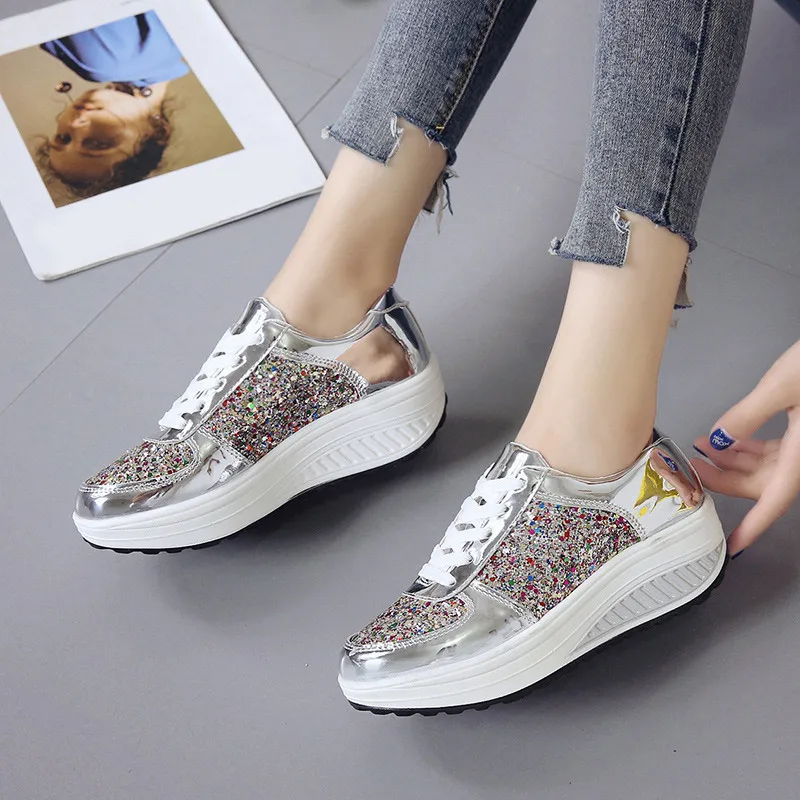 Women's Bling Lace Up Flat Platform Vulcanize Shoes Woman Mix Color Sneakers Female Causal Mirror Rocking Shoes Ladies Fashion