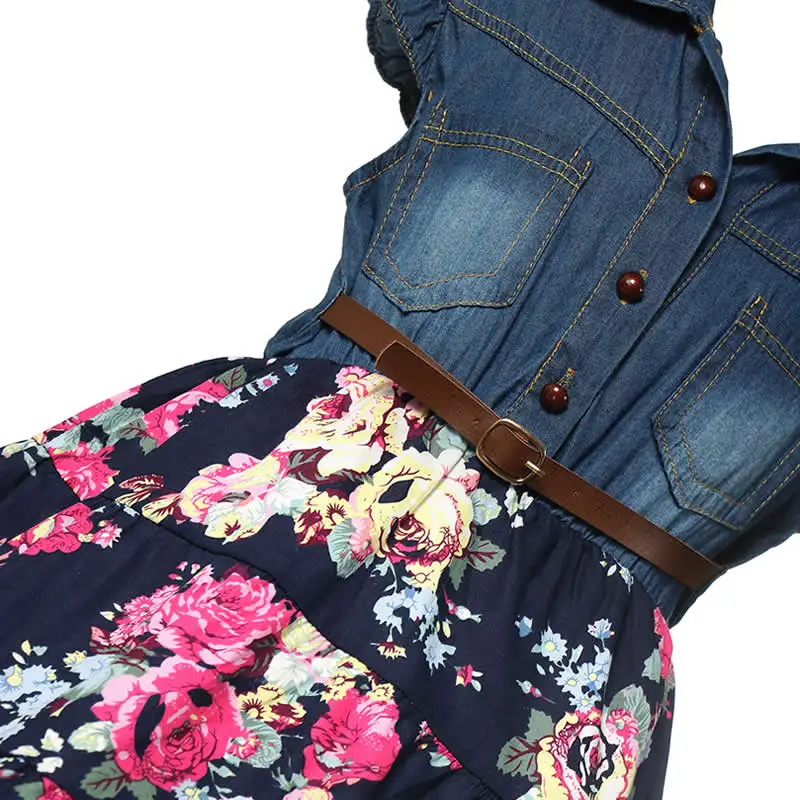 Girls Denim Floral Dress Summer Party Dress with Belt