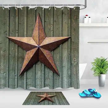 

Vintage Wooden Board Texas Star Shower Curtain Floor Mat Wooden Wall Waterproof Polyester Fabric Bathroom Curtains with 12 Hooks