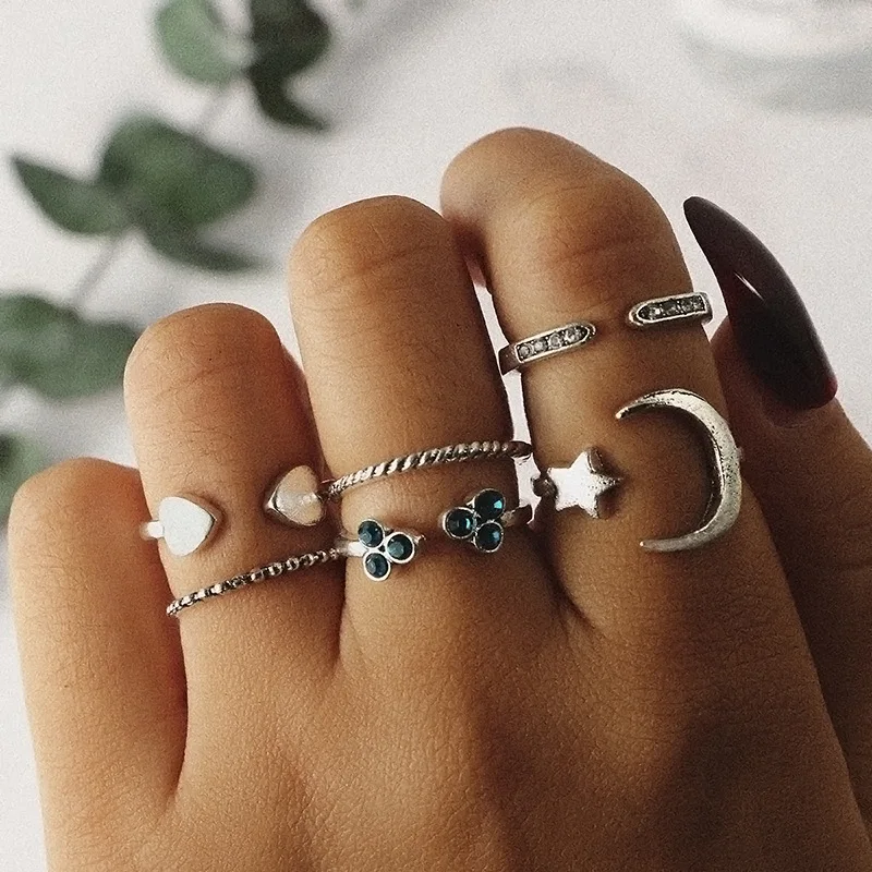 Meetvii 6Pcs/Set Vintage Heart Star Moon Round Wave Knuckle Joint Rings Set for Women Opening Fashion Jewelry | Украшения и