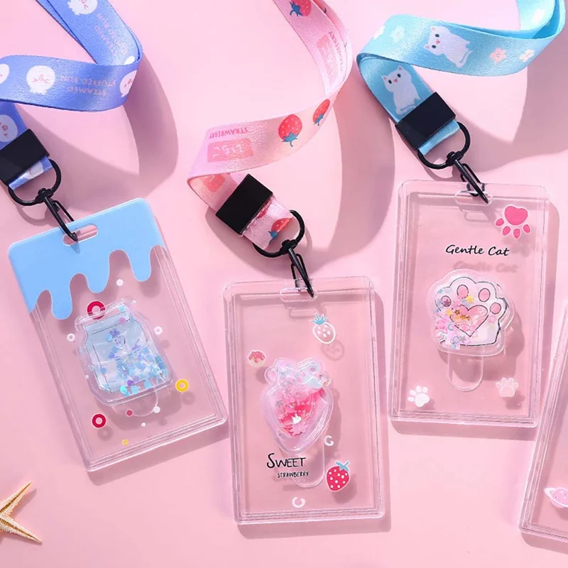 

Cute Creative Quicksand Credit Card Set Pink Girl Transparent ID Card Student Card Bus Card Lanyard Card Set With Key Chain