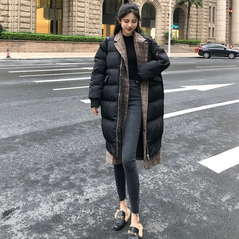 

Mid-length Joint Woolen Plaid Cotton Overcoat Female Winter New Style Korean-style Loose Thick over-the-Knee down Coat Fashion