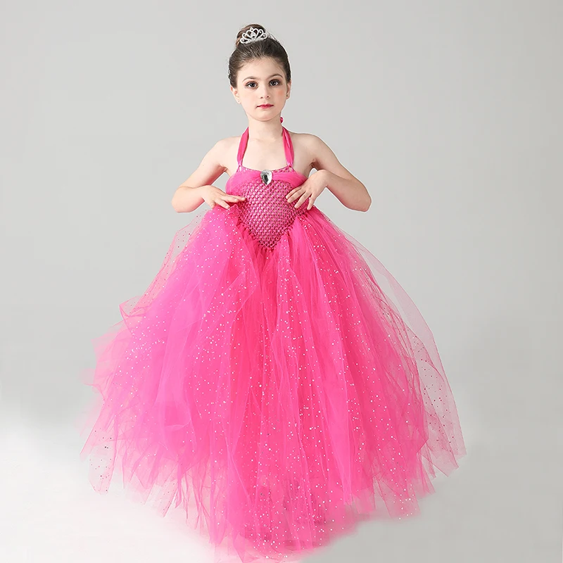 Glittery Hot Pink Tulle Girls Party Tutu Dress Princess Stunning Ball Gown Dress for Children Wedding Pageant Birthday Costume (10)