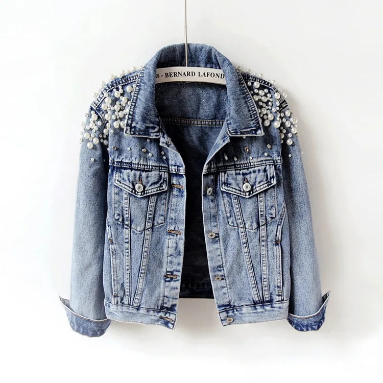 

Nail Pearl Short Cowboy Loose Autumn Heavy Woman Sleeve Cowboy Jacket Coat