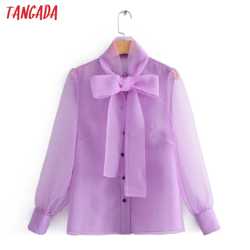 Tangada Женская шикарная фиолетовая блузка с длинным рукавом и воротником-бабочкой прозрачные Майки женские сексуальные топы blusas QJ145