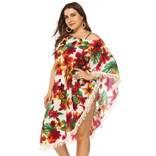 Европа и Америка, асимметричное пляжное бикини с открытыми плечами и горизонтальной шеей, цветочный принт, длинные кисточки, накидка 1971