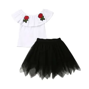 

2-7Y Fashion Kids Girl Off shoulder Embroidery Flower Tops Tutu Skirt 2PCS Outfits Girls Clothing Set