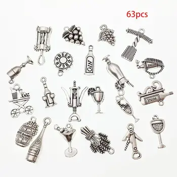 

63Pcs Mixed Antique Silver Wine Glass Grape Cocktail Bottle Opener Charms Pendants DIY Jewelry Making Necklace Bracelet Supplies