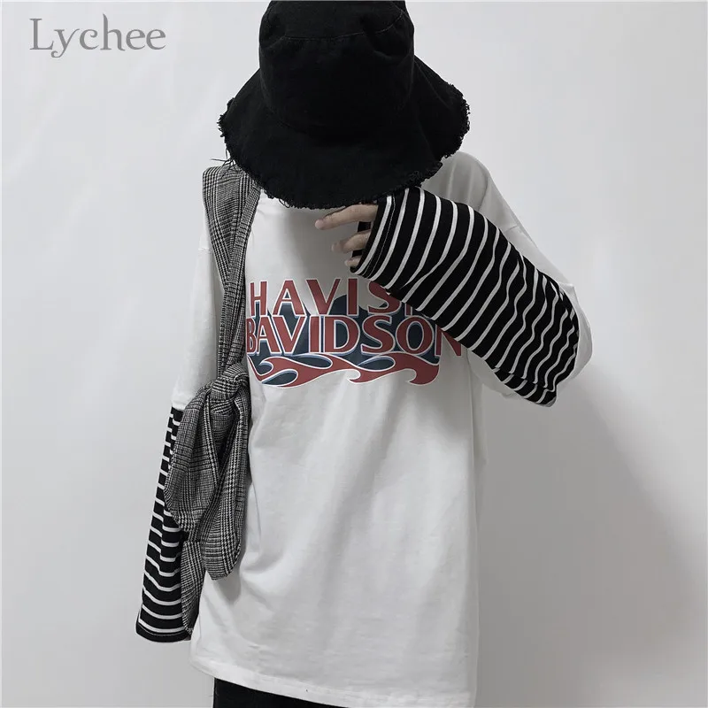 Lychee Harajuku, лоскутные женские футболки, топы, футболки с надписью, женская футболка, топ, футболка в полоску, поддельные, 2 шт., женские футболки