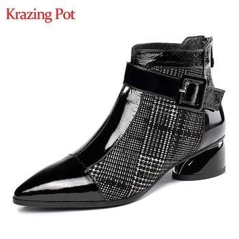 

Krazing pot 2019 genuine leather plaid cloth zipper mixed color keep warm pointed toe round med heels plus size ankle boots L1f3