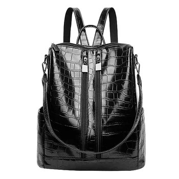 

AUAU-Fashion Classic Anti-Theft Backpack Women Crocodile Pu Leather Bag Female Vintage School Travel Backpack Ladies