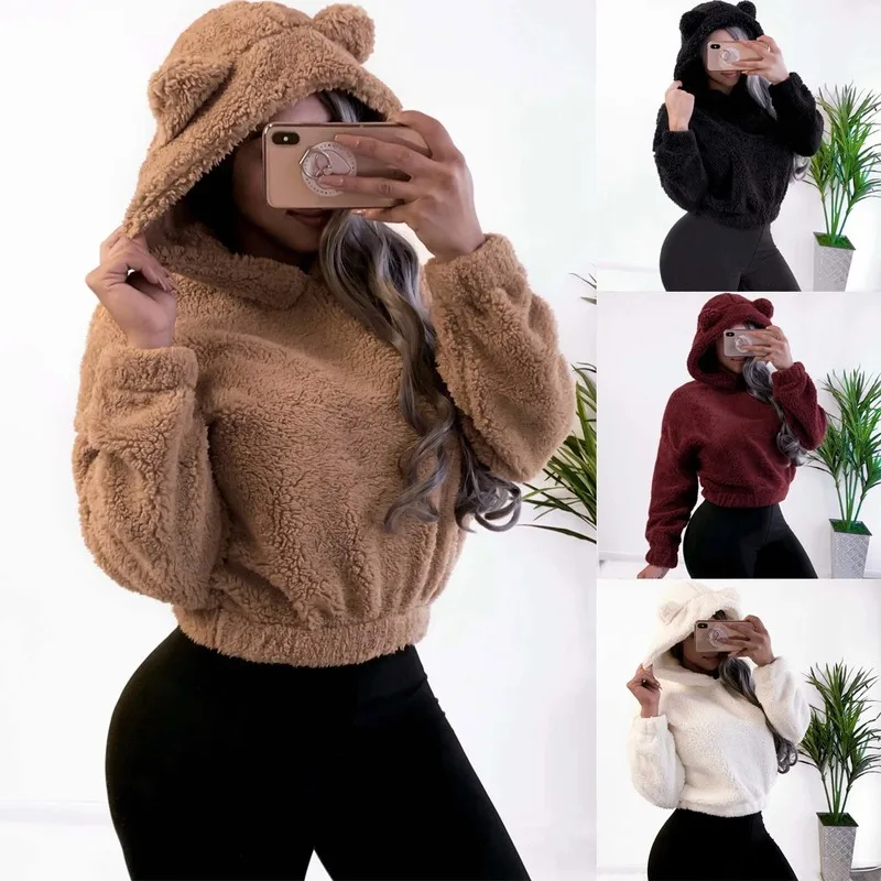 

Preppy Lovely with Bears Ears Solid Crop Teddy Hoodie Faux Fur Fluffy Hoodies Pullovers Women Autumn&winter Casual Sweatshirt