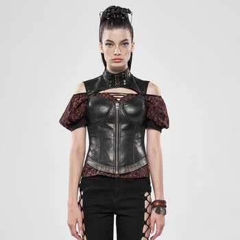 

PUNKRAVE Women's Steampunk Corset Punk Style Metal Spray Painting Halloween Zipper Cardigan Pu Leather Bustier