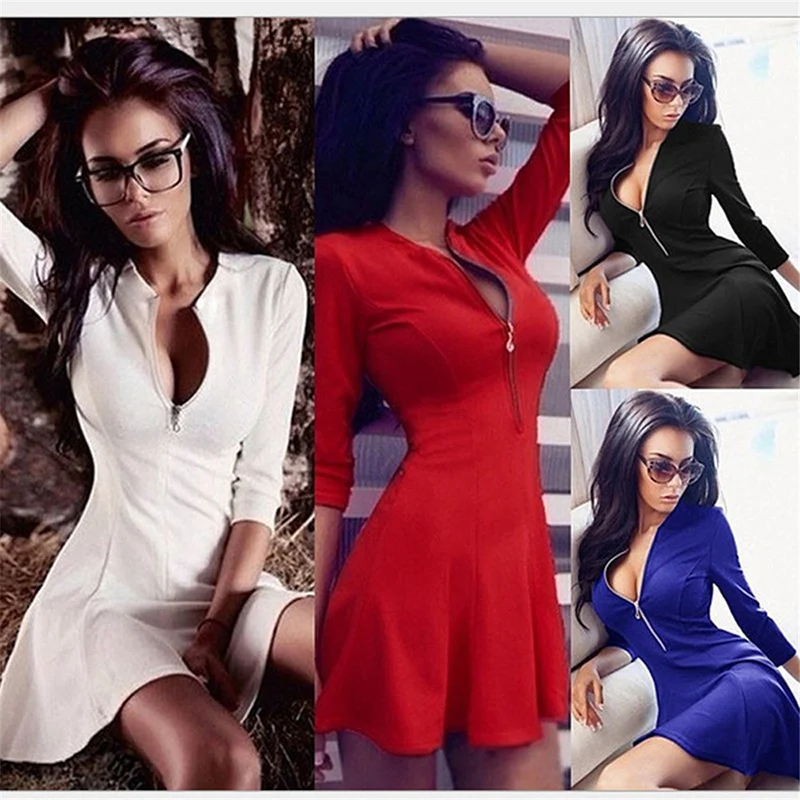 

Autumn Winter Zippers V-Neck Dress Cotton Blend Sexy Long Sleeve Dress Women Waist Slim Mini A-Line Dresses S M L XL 5373