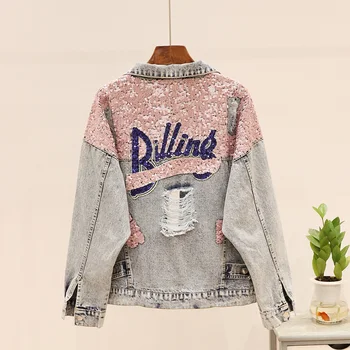 

New station fashion brand heavy industry broken hole Sequin loose old denim coat women s Jacket Top
