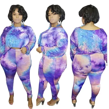 

Autumn 2 Piece Outfits for Women Round Neck Long Sleeve Short Sexy Top with Slim Pencil Pant Ankle Length Casual Printed Suits