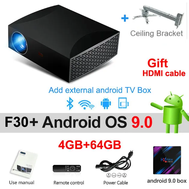 Android9 64G bracket Vivicine F30 1920X1080 Full HD проектор, HDMI USB PC 1080p светодиодный домашний мультимедийный видеопроектор - Цвет: Android9 64G bracket