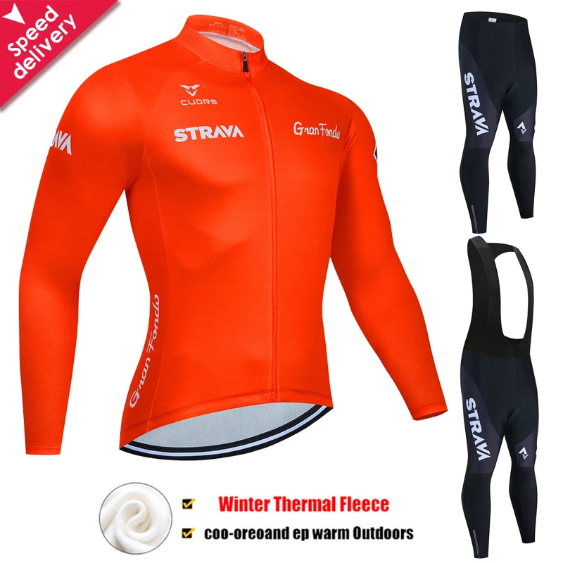Cycling Jerseys Set 2020 STRAVA 19D Gel Padded Bib Pants Winter Windproof Thermal Fleece Long Sleeve Jacket Cycling Suits Set