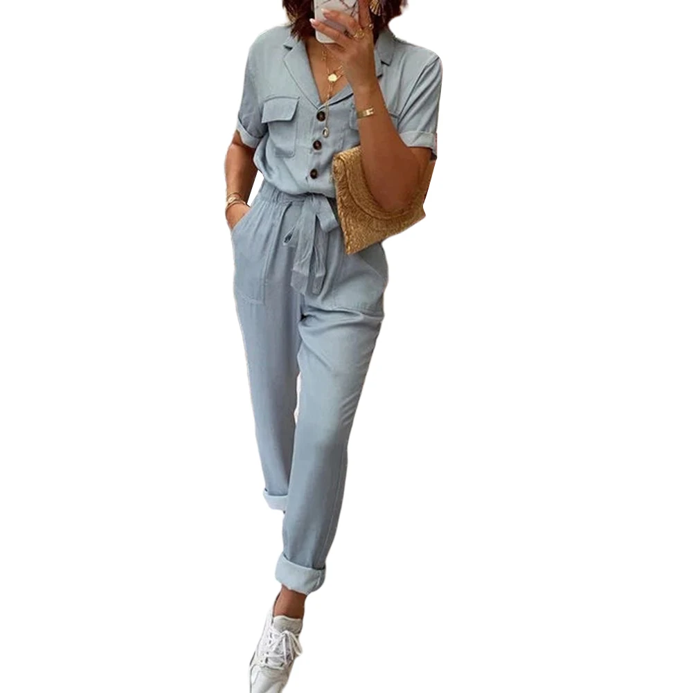 

Spring Autumn Rompers For Women 2020Loose Short Sleeve Trousers One Piece Set Jumpsuit With Belt Elegant Meeting Officewear