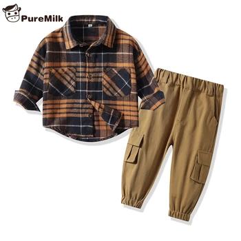 

PureMilk Plaid Shirt With Pants Cotton Kids Clothing Set 2PCS Set Boys Clothes