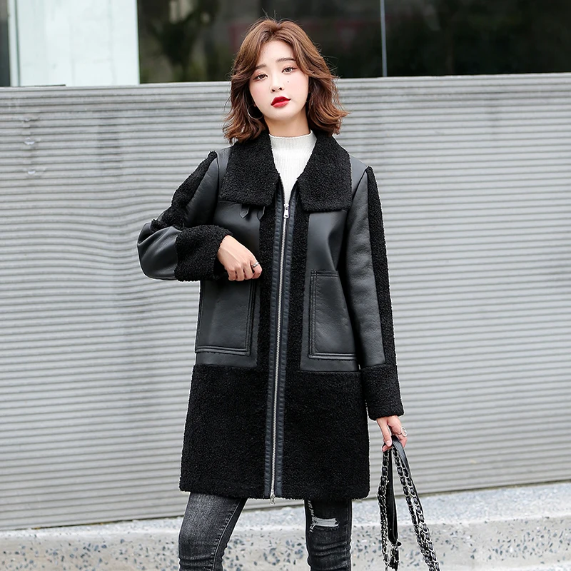 Winter Women Sheepskin Long Coats Thick Eco-leather Lambskin Wool Fur Big Pockets Jackets Splicing Black Motorcycle Outwear Hot