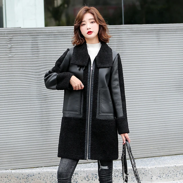 Winter Women Sheepskin Long Coats Thick Eco-leather Lambskin Wool Fur Big Pockets Jackets Splicing Black Motorcycle Outwear Hot black