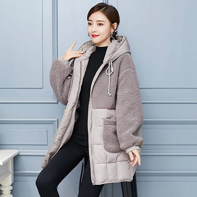 Женская утепленная стеганая куртка имитация овечьей шерсти размера плюс с капюшоном высокого качества пальто
