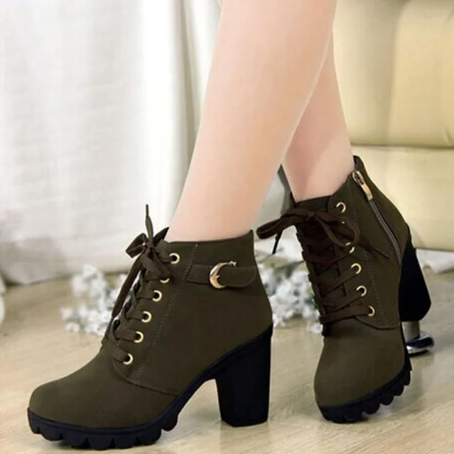 

SZSGCN428-2019 New Autumn Winter Women Boots High Quality Solid Lace-up European Ladies shoes PU Fashion high heels Boots 35-41