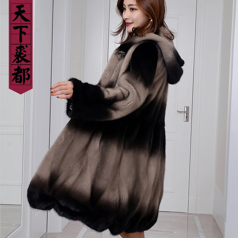 Brand Denmark Mink Whole Fur Women Long Coat Winter Thick Slim Warm Female full pelt Mink Fur Hooded Jacket brand Gradient