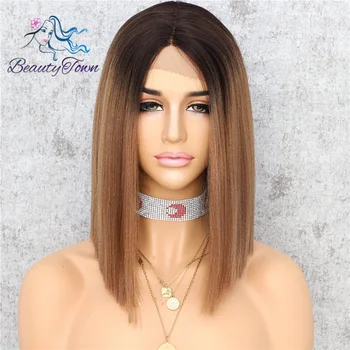 

BeautyTown Yaki Straight Synthetic Lace Front T Part Wig Dark Ombre Brown 14inches Daily Makeup Party Holiday Gift Hair